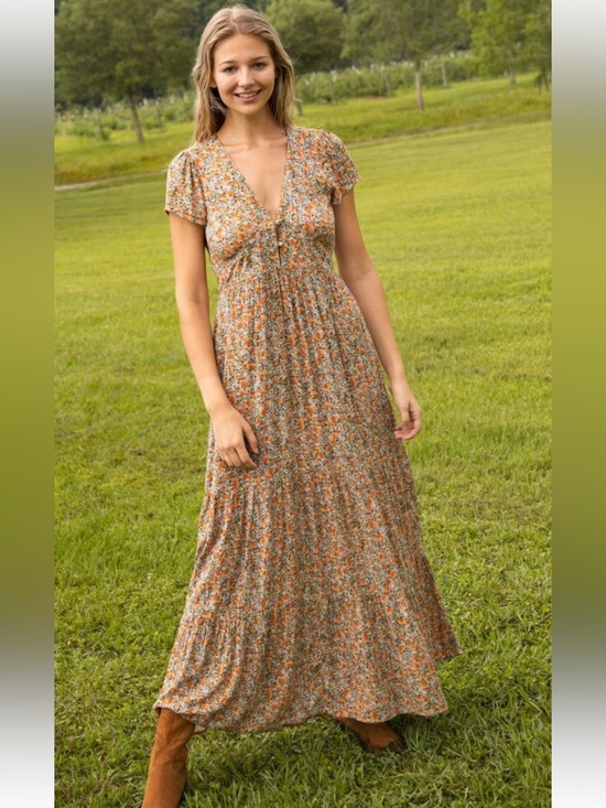 NATURAL LIFE Dresses & Skirts - NATURAL LIFE Evangeline Orange and Cream Floral Maxi Dress sz M